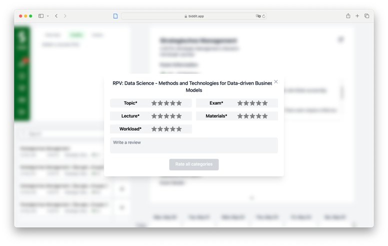 Biddit Course Ratings Categories