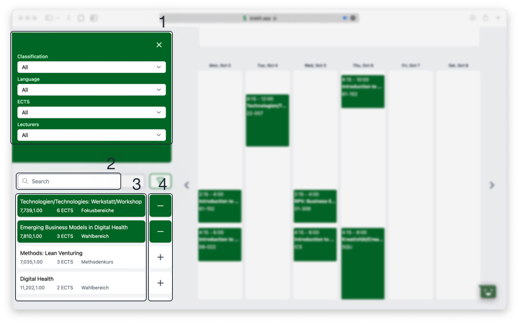 ① Filter relevant Courses ② Serach for Course or Professor ③ See matching Courses ④  Select interesting Courses
