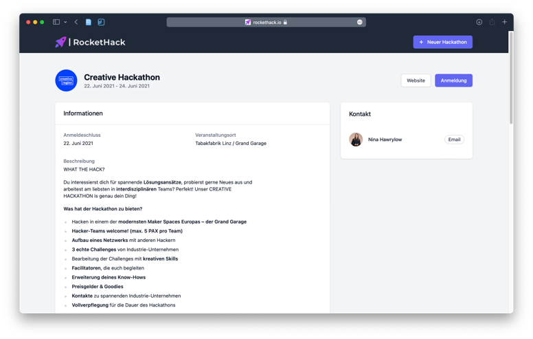 Rockethack.io Hackathon Details with Contact